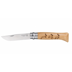 Opinel inox N°8 chêne décors cerf