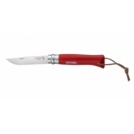 OPINEL INOX N°8 ROUGE + LIEN CUIR