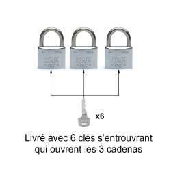 LOT DE 3 CADENAS INOX M30 S'ENTROUVRANT (Blister)