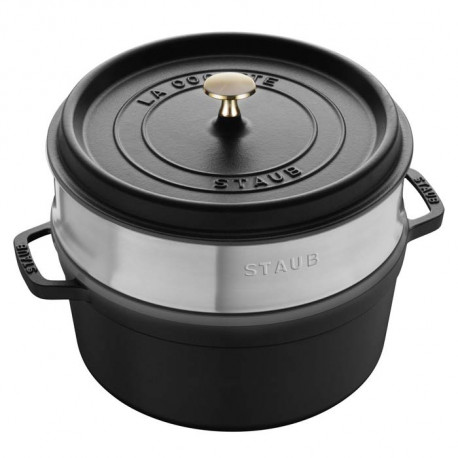 Cocotte ronde de 26 cm noir mat avec panier vapeur