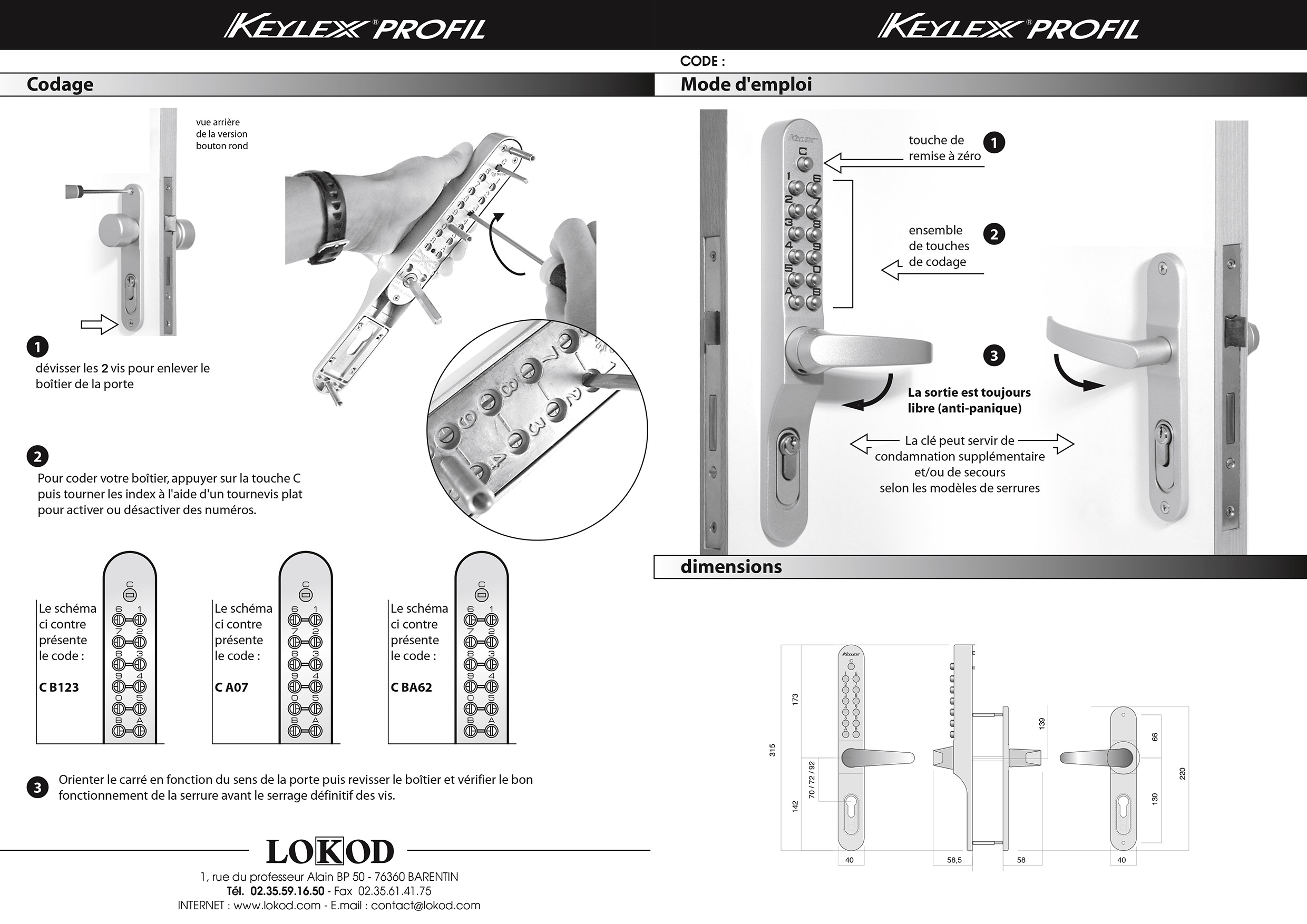 Garniture à code mécanique KEYLEX PROFIL pour serrures multipoints